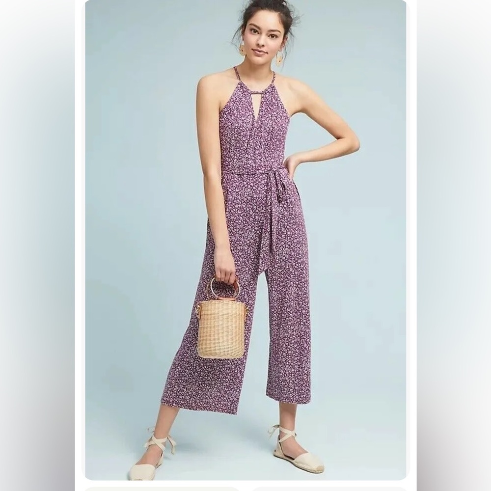 Maeve Anthropologie Claremont Jumpsuit Berry Purple Floral Belted Pockets XS